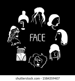 Set with beautiful white girls faces with hairstyles isolated on black background.International Women's Day. Simple, line portrait isolated on white background. Vector illustrations for logo blogger.