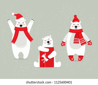 Set of beautiful white polar Christmas bears, in winter clothes with accessories and gifts. Cute Christmas polar fluffy bears, animal mammals in different poses, on New Year. Vector illustration.