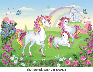 Set of  beautiful white unicorns. Fairytale background with castle, rainbow. Fabulous flower meadow with horse, pony. Wallpaper for girl. Wonderland. Cartoon illustration for children's print. Vector.