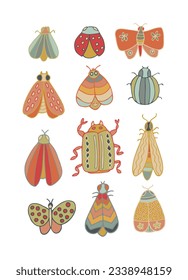 Set von wunderschönen geflügelten Insekten, die mit verschiedenen Ornamenten einzeln auf weißem Hintergrund dekoriert sind. Alle Objekte sind getrennt. Vektorgrafik. Handgezeichnet.