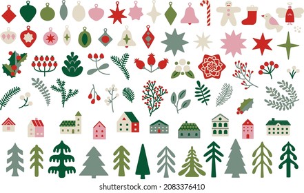 Set of beautiful winter Christmas decoration. Scandinavian style, simple illustrations. Different floral elements in red, green, white and pink colours. For New Year design concepts, prints, decor.