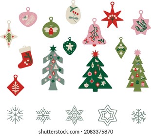 Set of beautiful winter decoration with Christmas trees. Scandinavian style, simple illustrations. Different decor in red, green, white and pink colours. For New Year design concepts, prints.