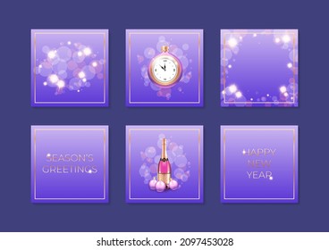 Set of beautiful winter holiday backgrounds. Vector violet bokeh layouts with christmas decorations and sparkles. Can be used as greeting cards or web banners. Vector 10 EPS.