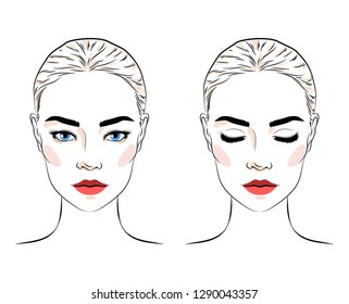 Set of beautiful woman with bun hairstyle and elegant makeup, attractive girl with blue eyes, makeup artist blog logo, line sketch style vector illustration isolated on white background