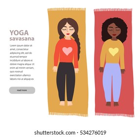 Set with beautiful woman (European and African-American) doing Corpse Savasana Yoga Pose. Girls in meditation. flat vector illustration.