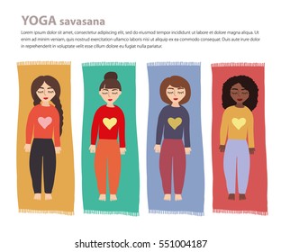 Set with beautiful woman (European and African-American) doing Corpse Savasana Yoga Pose. Girls in meditation. flat vector illustration.