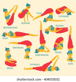 Set with beautiful woman exercising various different yoga poses 