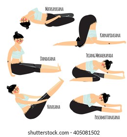 Set with beautiful woman exercising various different yoga poses training