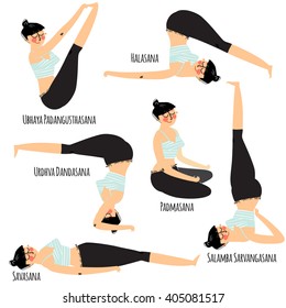 Set with beautiful woman exercising various different yoga poses training