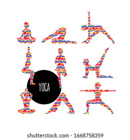 Set with beautiful woman exercising yoga. Different yoga poses. Vector illustration