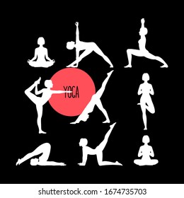 Set with beautiful woman exercising yoga. Different yoga poses. Vector illustration