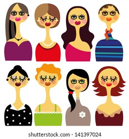 Set of beautiful woman faces with different hair styles and different clothes.vector.