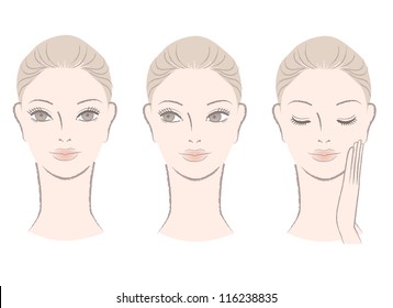 Set of Beautiful woman faces for skincare, beauty care, makeup sample. Woman portrait. Isolated on white. Hand-drawn like style.