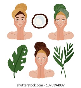 Set of Beautiful woman faces for skincare, beauty care, makeup sample. Women portrait Isolated on white. Female heads in towels with green tropical leaves