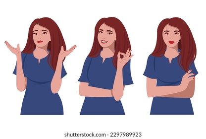 Set of a beautiful woman with long hair and red lips and nails. Young woman shows different emotions and gestures.