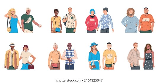 Set of Beautiful Woman and Man Isolated. Fashion Girl in Modern Outfit. Trendy Man in Casual Clothes. Fashionable Lifestyle. Stylish Diverse Couple Icon. Flat Vector Illustration