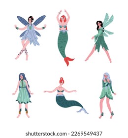 Set of beautiful woman mermaids and fairies cartoon vector illustration