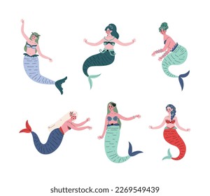Set of beautiful woman mermaids with tail and long hair cartoon vector illustration