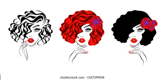 Set beautiful woman with red black short curly hairstyle, red lips, hand with red manicure nails, fashion woman, element design, nails studio, hair salon sign, icon. Beauty Logo. Vector illustration