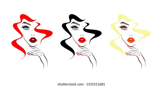 Set Beautiful Woman, Red Lips, Hand With Red Manicure Nails, Fashion Woman, Nails Studio, Black Red And Blonde Curly Hairstyle, Hair Salon Sign, Icon. Beauty Logo. Vector Illustration. Hand Drawing.