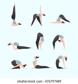 Set with beautiful woman in various poses of yoga. Vector illustration. Healthy lifestyle.