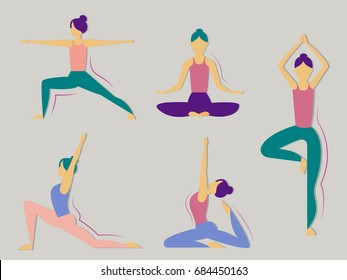 Set with beautiful woman in various poses of yoga. Vector set of yoga poses