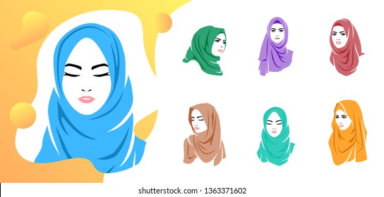 Set Of Beautiful Woman Wearing Colorful Hijab Icon, Logo Isolated On White Background, Muslim Veil, Vector Illustration