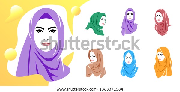 Set Beautiful Woman Wearing Colorful Hijab Stock Vector (Royalty Free ...