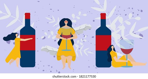 Set with beautiful woman in yellow dress with big wine bottle and wine glass. Wine lover vector cartoon flat illustration for typography poster, print design, bar, cafe, menu or wine shop decoration