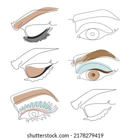 Conjunto de hermosos Womans Eyes en el estilo de arte en línea. Dibujo de una línea, línea continua, lineal, minimalismo. Ilustración dibujada a mano por vectores.