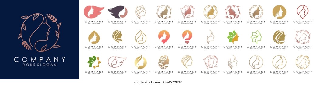 set of Beautiful woman's face flower star with line art style logo design. Abstract design concept for beauty salon, massage, magazine, cosmetic and spa.