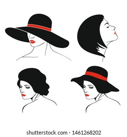 set of Beautiful woman's face with hat