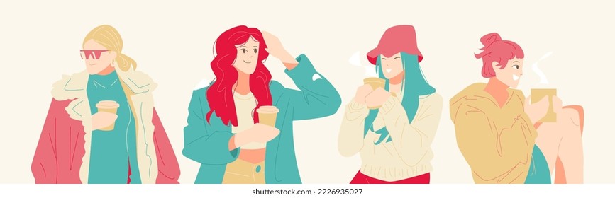 set of beautiful women characters in modern style warm clothes with hot drinks. cartoon character. coffee, tea, hot chocolate. winter concept, fashion. flat vector illustration