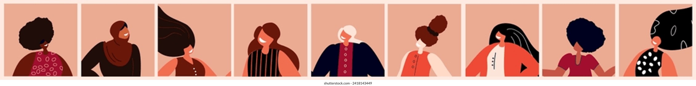 Set of Beautiful Women with Different Beauty,Hair,Skin Color.Different Races,Nations.Diversity.Avatars.Portraits.The Femininity Concept,Diversity,Independence,Rights Equality.Vector flat Illustration