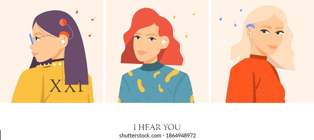 Set of beautiful women with different types of hearing aids. Flat vector illustration.