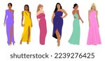 Set of Beautiful Women in fashion dress for Christmas, New year, evening, cocktail party, event. Pretty girls in luxury clothes. Flat vector realistic illustration isolated on white background