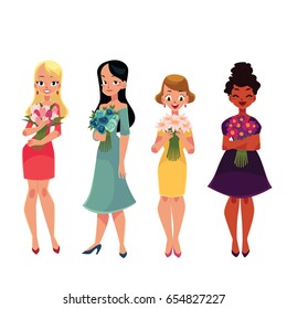 Set of beautiful women, girl standing, holding bunched of flowers, cartoon vector illustration isolated on white background. Happy smiling girls, women, black and Caucasian, holding bunches of flowers