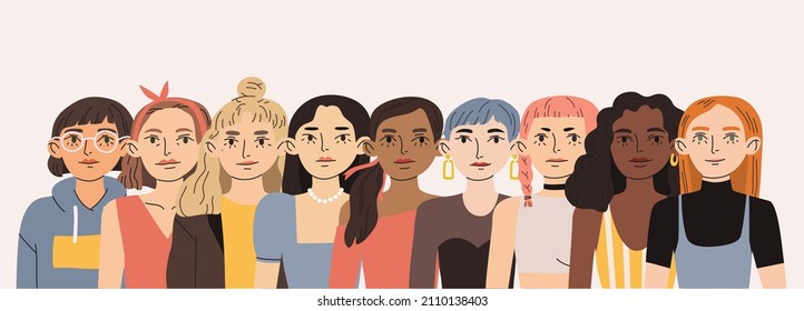 Set of beautiful women. Hand drawn vector cartoon style illustration