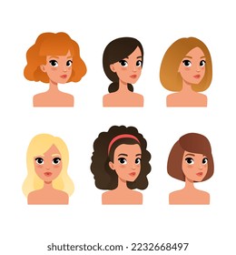 Set of beautiful women heads. Girls avatar profile, mobile gaming hero portraits, people creation constructor cartoon vector illustratio