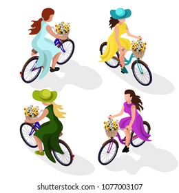 a set of beautiful women on urban bicycles. isometric 3d