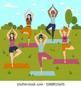 Set with beautiful women in vrkasana asana pose of yoga. Vector set of exercises illustration. Five women in outdoor yoga class. Helthy lifestyle. Sun greeting. Sky, trees and grass background. Flat