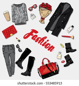 A set of beautiful women's clothing and accessories. Fashion & Style. Vector illustration for a card or poster, print on clothes.
