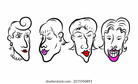 Set of beautiful women's faces in cartoon style vector illustration, doodle collection of cute girls caricatures isolated on white background