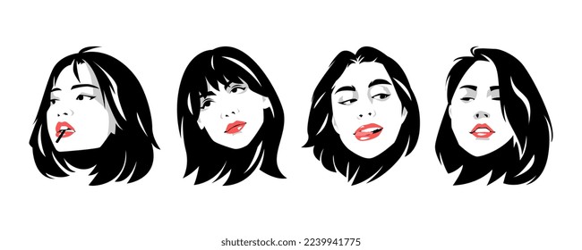 set of beautiful women's faces with short hair. different style, position, hair style, facial gesture. red lips. white background. black and white pop art portrait illustration.