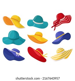 Conjunto de hermosos sombreros de verano para mujeres de diferentes colores y estilos. Delicada ropa de cama femenina de verano. Un accesorio de moda para unas vacaciones en el mar en países cálidos. Ilustración vectorial plana.