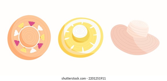 Set of beautiful womens summer hats.Hats with wide brims. A fashion accessory for a vacation at sea in hot countries .Flat vector illustration isolated on white background