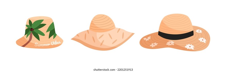 Conjunto de hermosos sombreros de verano para mujeres. Sombreros con pechos anchos y estrechos. Un accesorio de moda para unas vacaciones en el mar en países cálidos. Ilustración vectorial plana aislada en fondo blanco