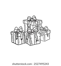 Set of beautiful wrapped gift boxes with decorative ribbons and bows. Hand drawn vector sketch illustration in doodle engraved vintage line art. Merry Christmas celebration and happy new year