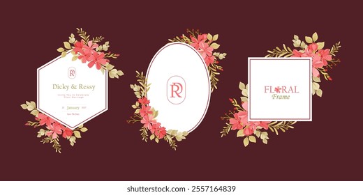 Set of Beautiful Wreath Floral Wedding Logo Invitation Frame with Flowers. Abstract Flowers Frame Background Vector Collection. Flowers Arrangement Geometrical Frames. Border Frame for Wedding Element