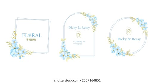 Set of Beautiful Wreath Floral Wedding Logo Invitation Frame with Flowers. Blue Flowers Frame Background Vector Collection. Flowers Arrangement Geometrical Frames. Border Frame for Wedding Element